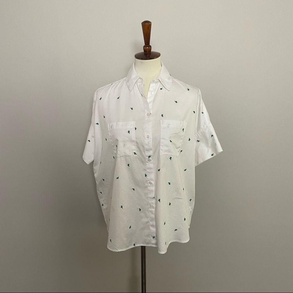 Madewell Shirt Top Courier Cactus Button Front Embroidered Oversized White Green
